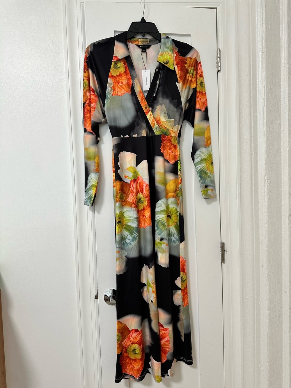 Karen Millen Black with Orange and Yellow Floral Print  Maxi Dress